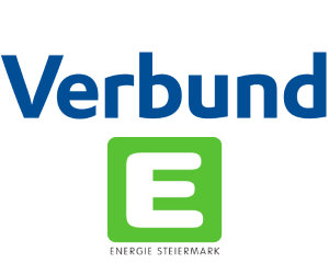Das Logo von Verbund in Blau und das Logo von Energie Steiermark in Grün, beide nebeneinander dargestellt. Das Verbund-Logo besteht aus dem Wort 'Verbund' in einer blauen, serifenlosen Schrift. Unterhalb davon befindet sich das Logo von Energie Steiermark, ein grünes Quadrat mit einem weißen Buchstaben 'E' in der Mitte und dem Schriftzug 'Energie Steiermark' unterhalb des Quadrats. Beide Logos repräsentieren die visuelle Identität der jeweiligen Unternehmen.