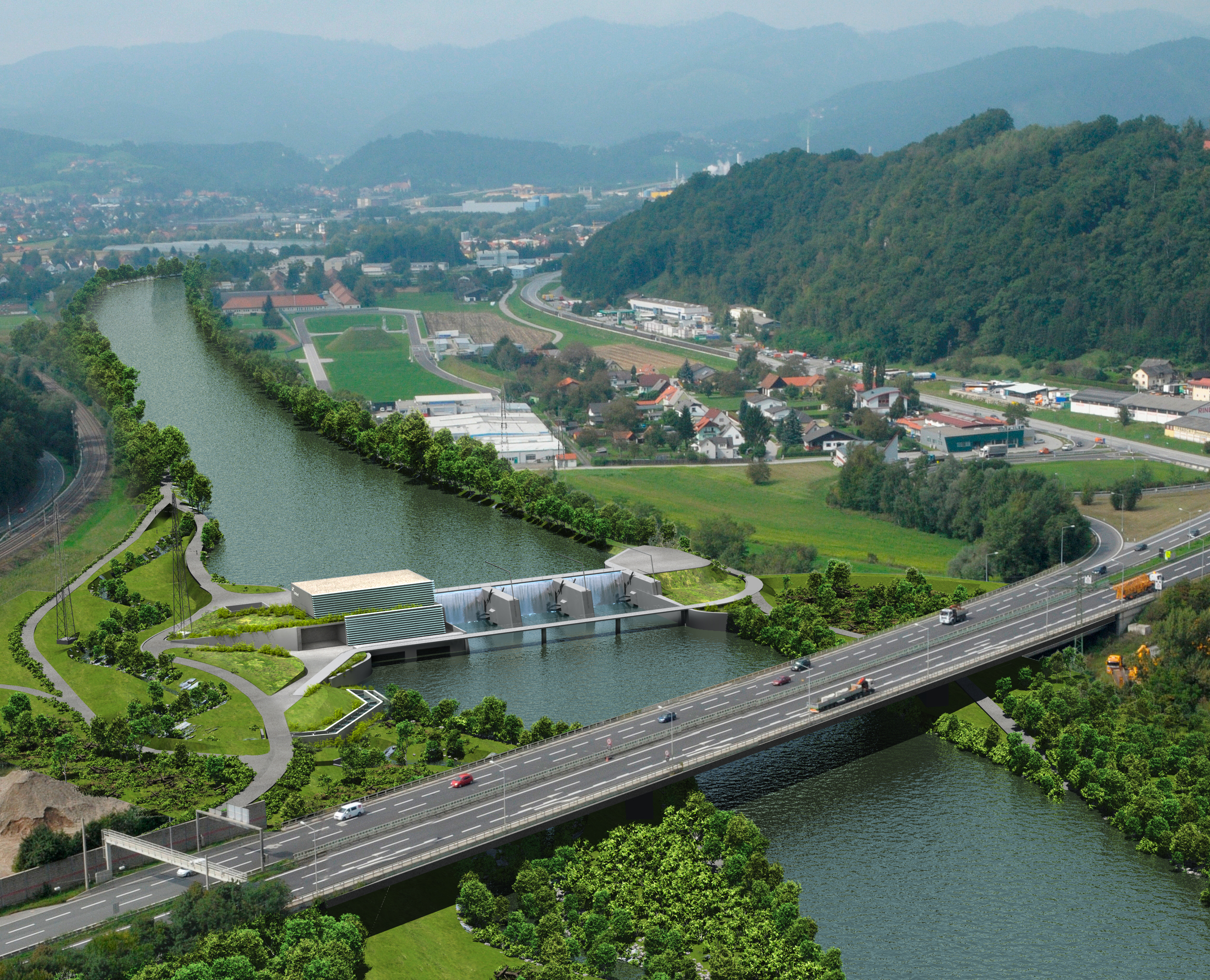 Visualisierung des geplanten Murkraftwerks Gratkorn zeigt das Kraftwerk integriert in die grüne Flusslandschaft mit einer Brücke im Vordergrund und umgebenden Hügeln im Hintergrund.